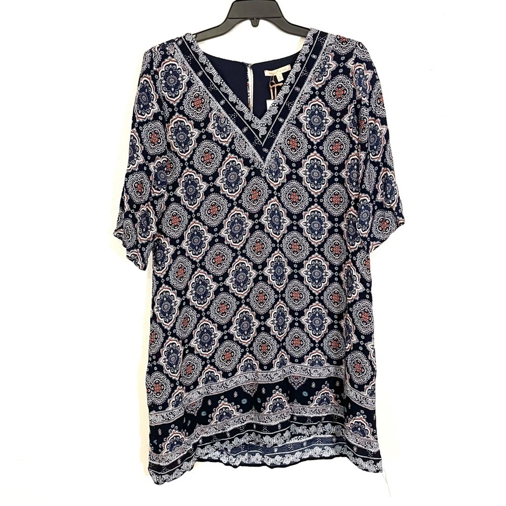 NEW Gibson Latimer Blue Multicolor Print Tunic Dress 3/4 Sleeves Womens Size L